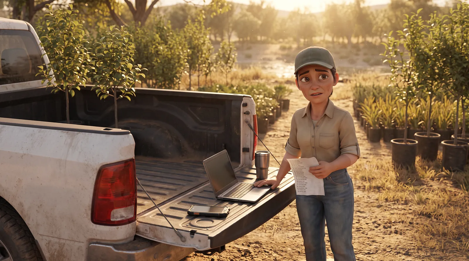 Maya at her pickup tailgate with a laptop and a handwritten plant list