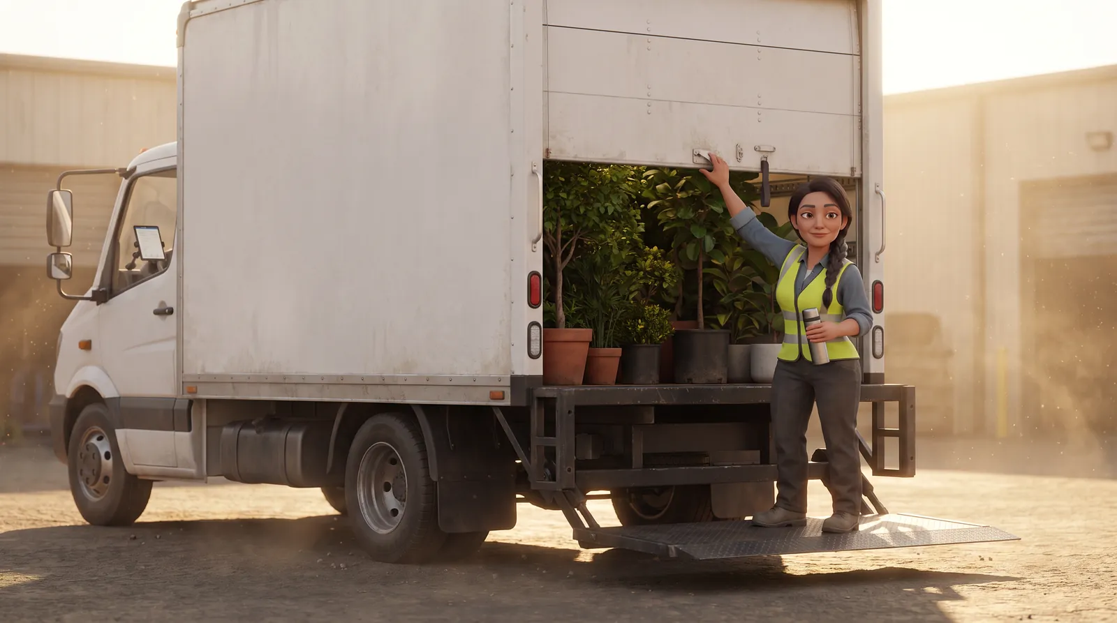 Rosa opening a box truck packed with plants