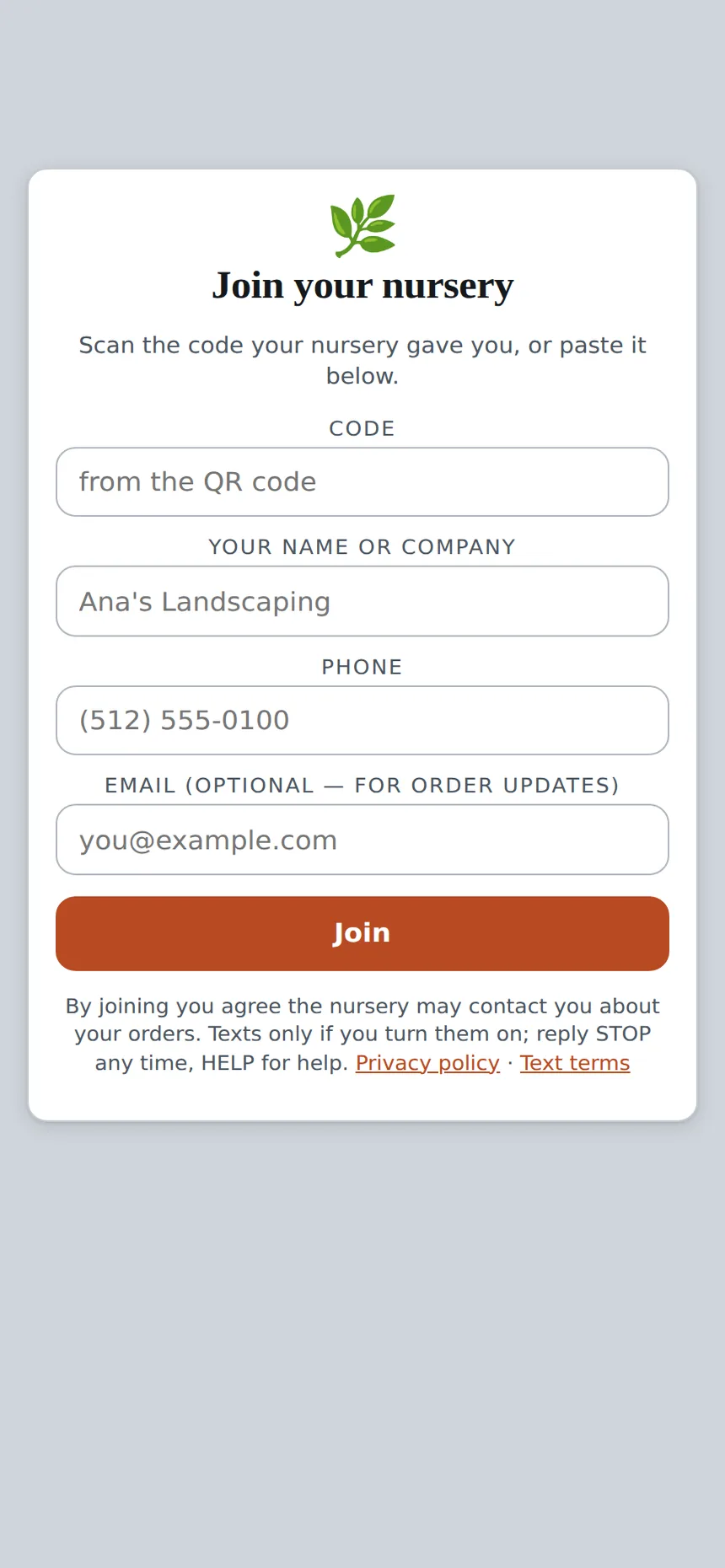 Join your nursery: enter the code from the QR, your name and phone