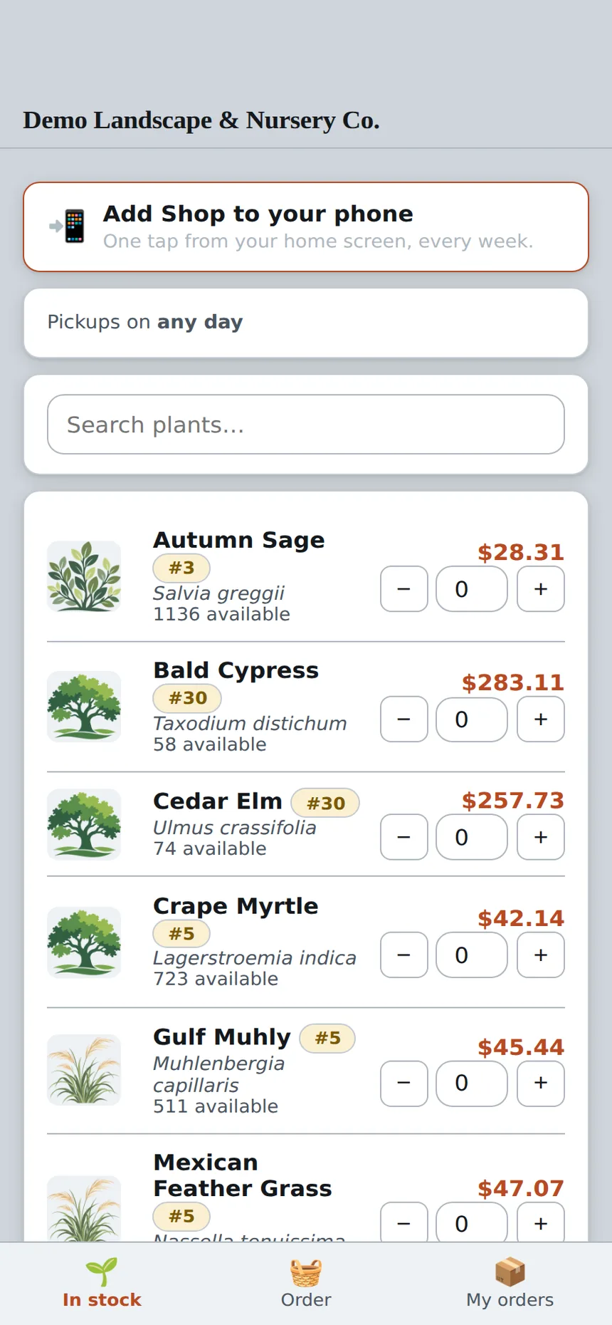 In stock: the nursery's live availability with prices and quantity steppers