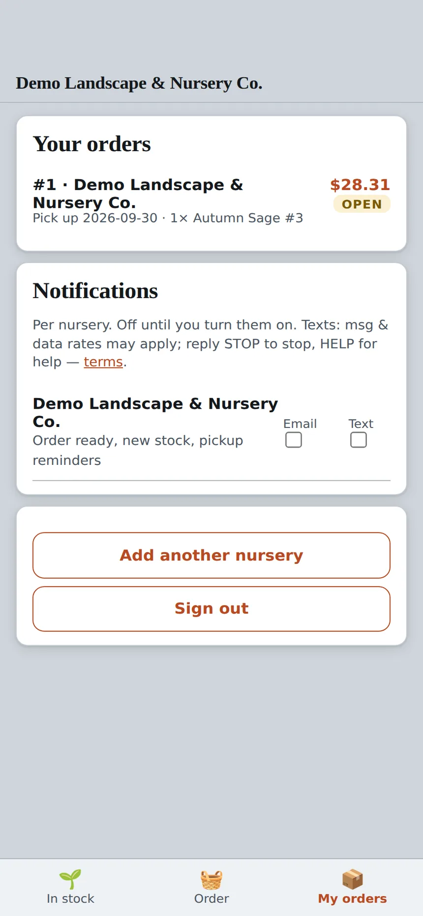 My orders: an open order with its pickup date, and notification settings